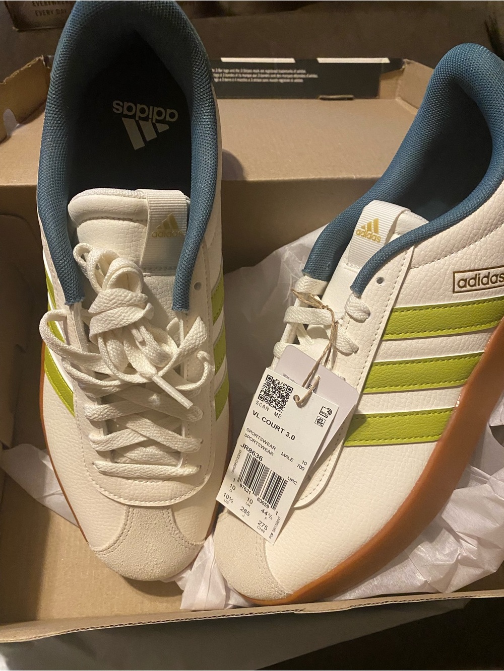 adidas Men’s VL Court 3.0 White with Lime and Blue Accents 10.5M
